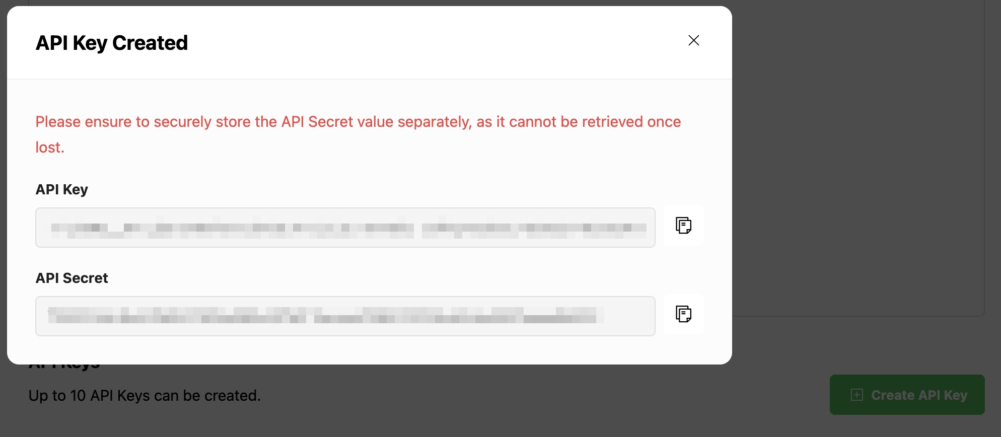 SCREENSHOT: LPC screen showing API key and secret configuration